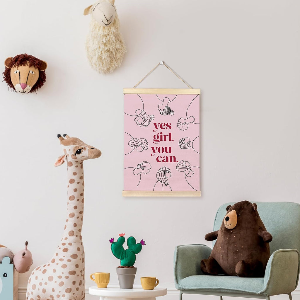 Yes Girl You Can Poster Hanger Frame, Feminist Motivational Quote Wooden Canvas Artwork Print, Pink Positive Wall Painting for Girl Room Home Bathroom Office Decor 12X16inch