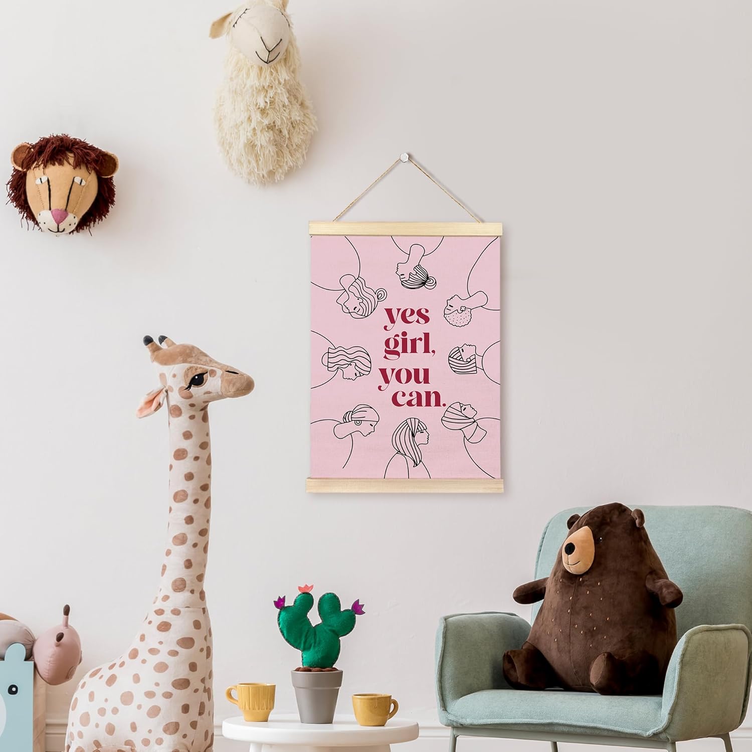 Yes Girl You Can Poster Hanger Frame, Feminist Motivational Quote Wooden Canvas Artwork Print, Pink Positive Wall Painting for Girl Room Home Bathroom Office Decor 12X16inch