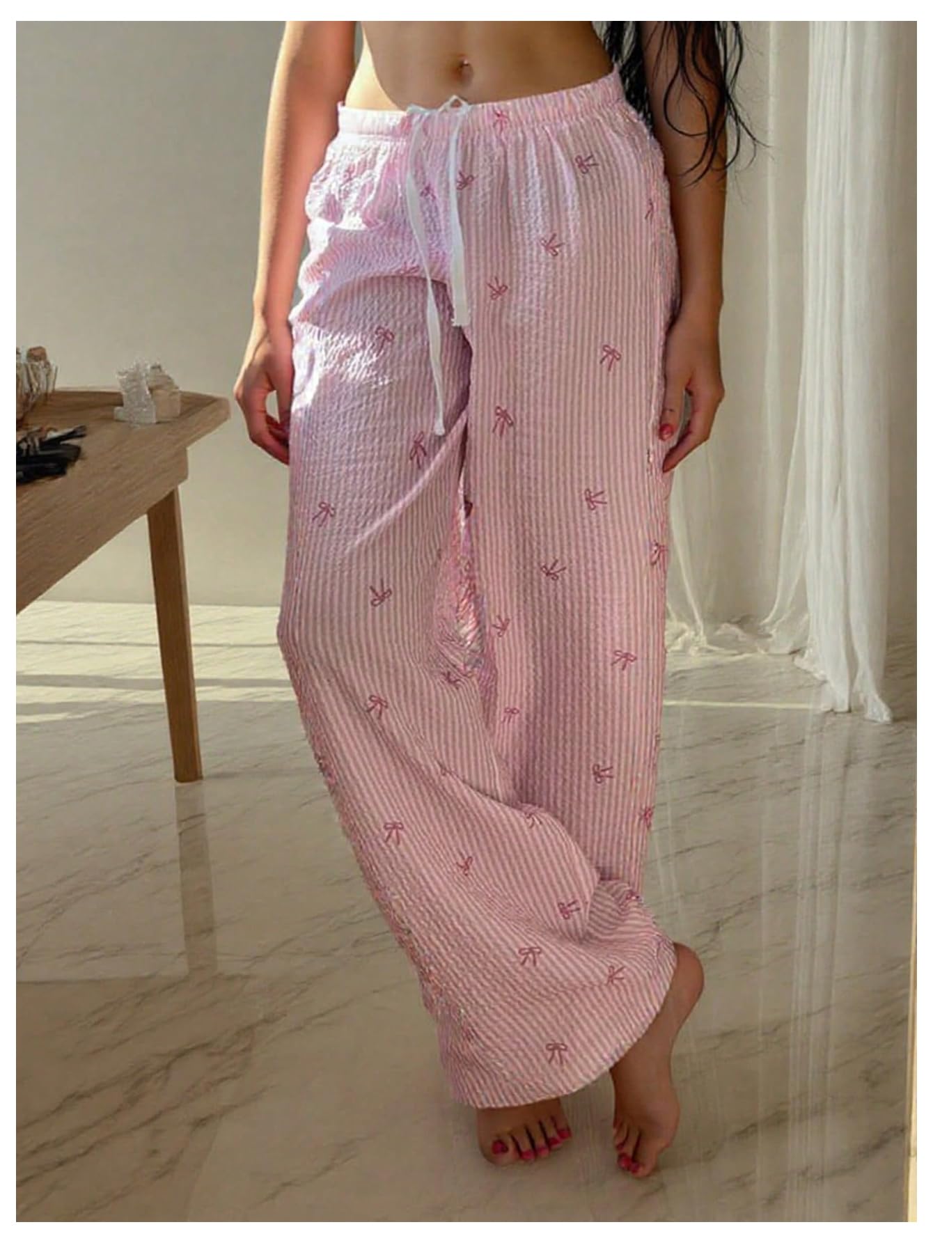 Women's Plus Size Striped Bow Print Pants Drawstring Waist Wide Leg Pants