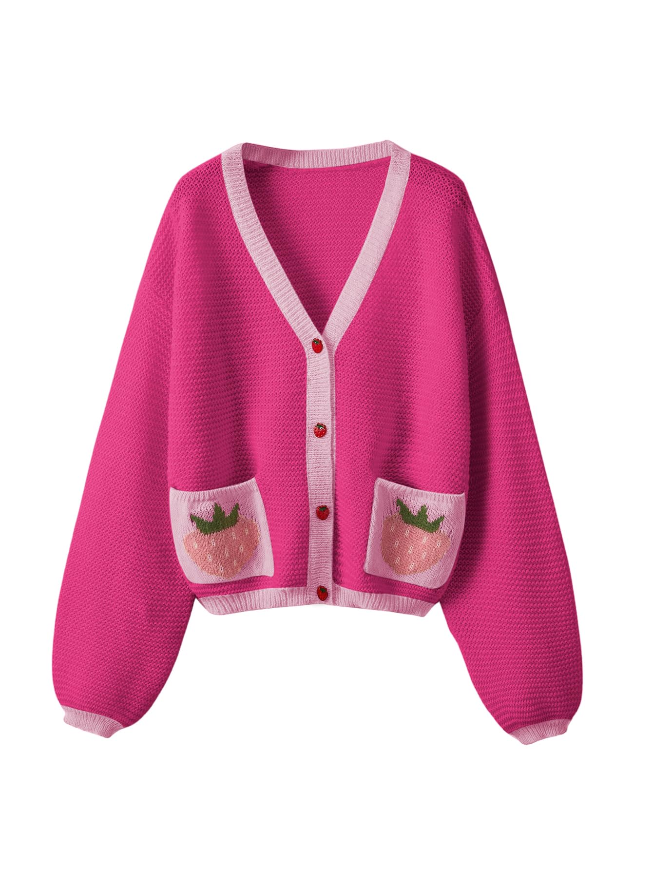 Women's Strawberry Pattern Open Front Bishop Sleeve Casual Cardigan