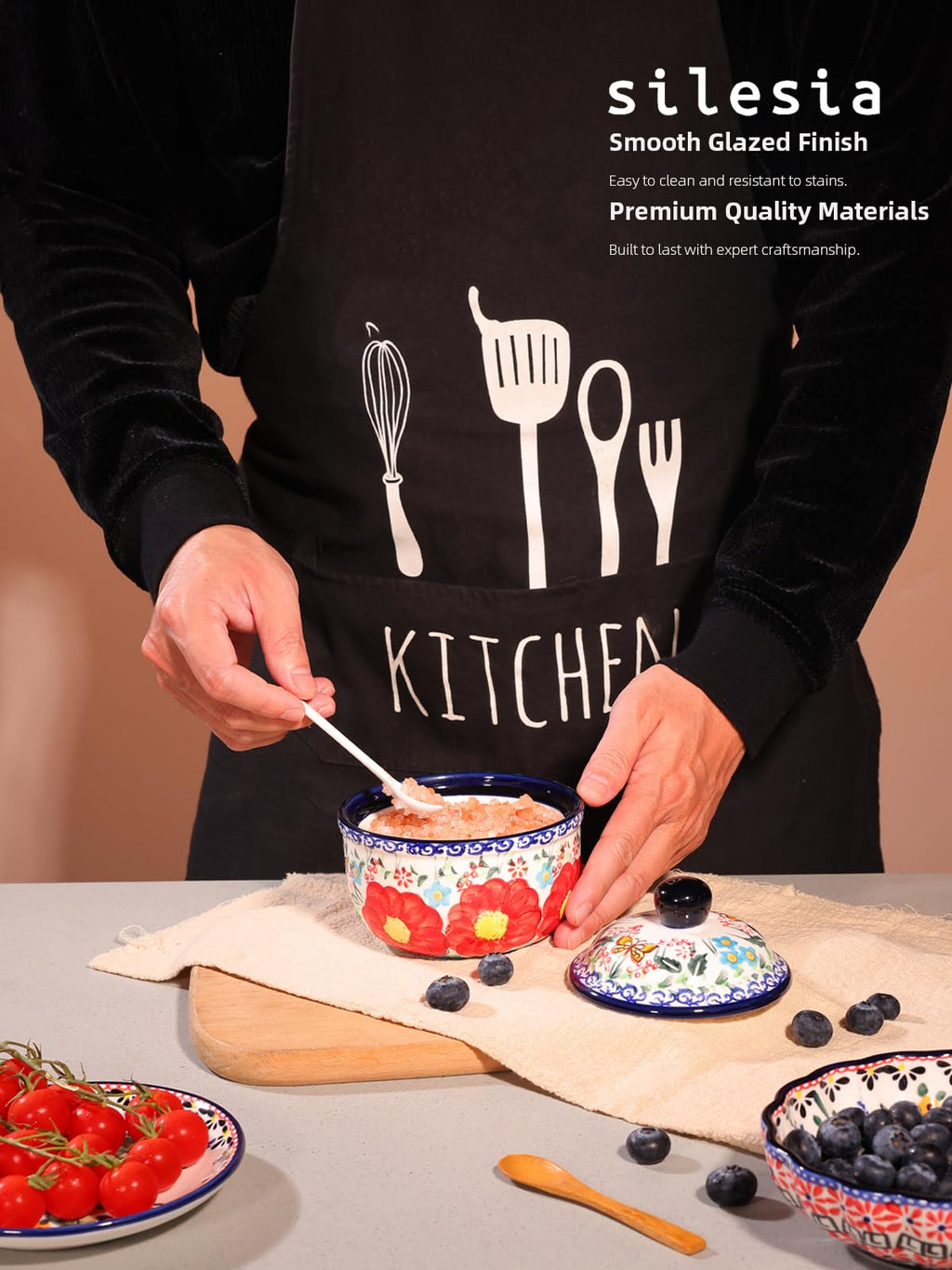 Handmade Sugar Bowl with Lid and Spoon, 10 Ounce Ceramic Hand-Painted Sugar Jar for Kitchen Oven, Dishwasher & Microwave Safe, Glazed