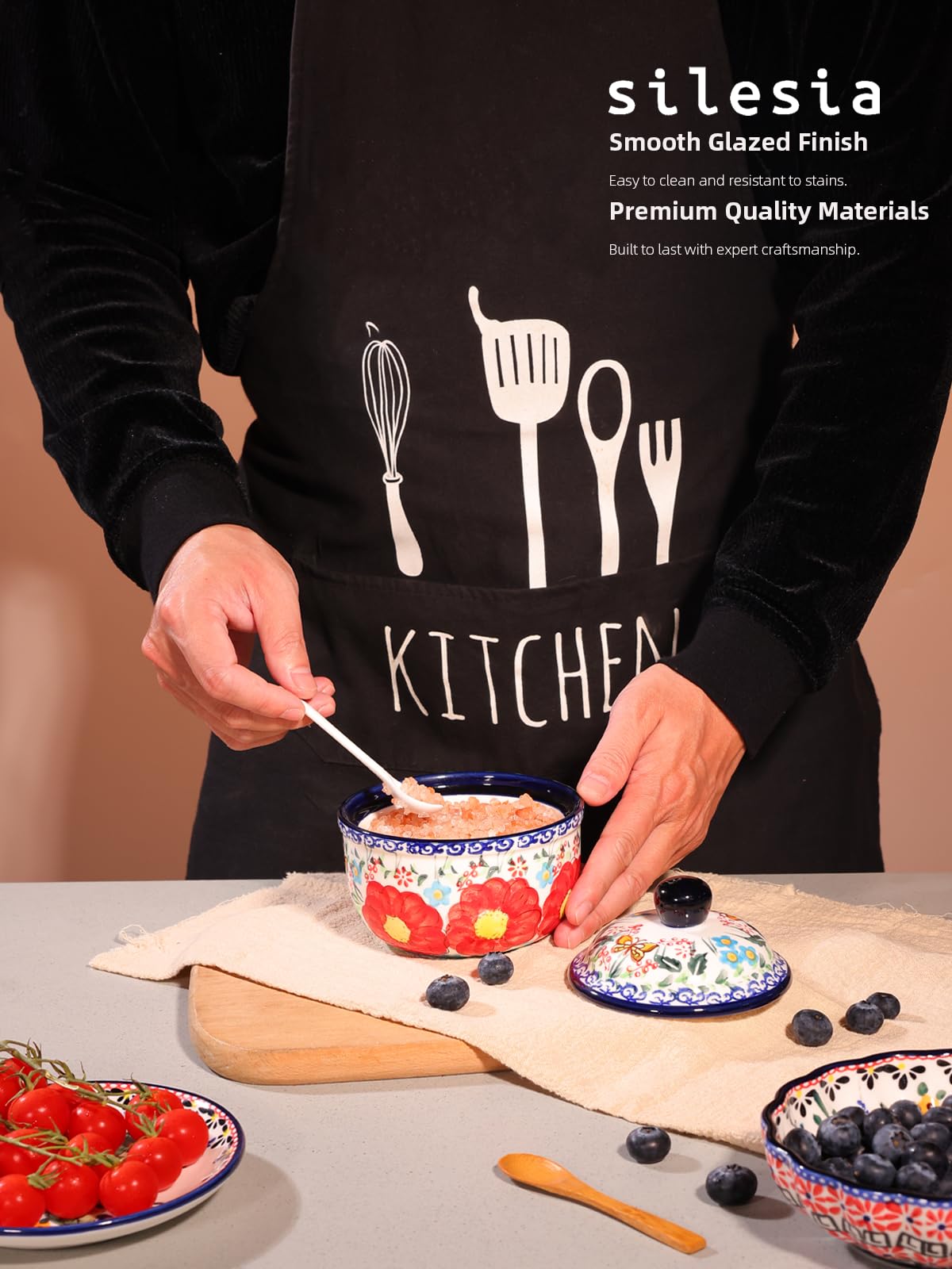 Handmade Sugar Bowl with Lid and Spoon, 10 Ounce Ceramic Hand-Painted Sugar Jar for Kitchen Oven, Dishwasher & Microwave Safe, Glazed