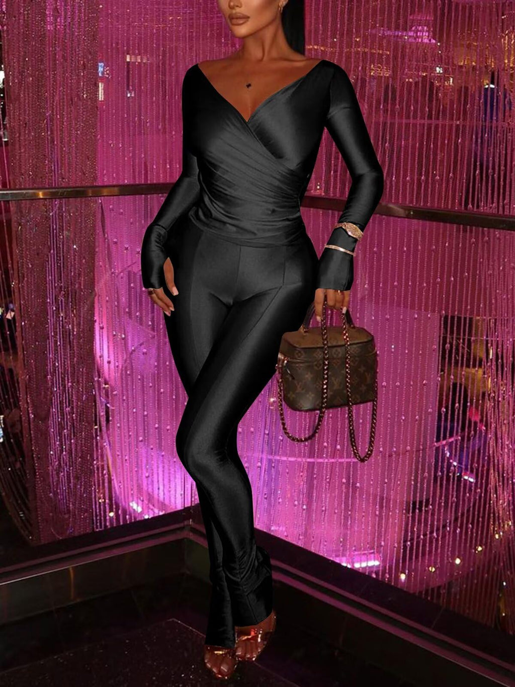 Women 2 Piece Outfits - Sexy Off Shoulder Tops Bodycon Flared Pant Sets