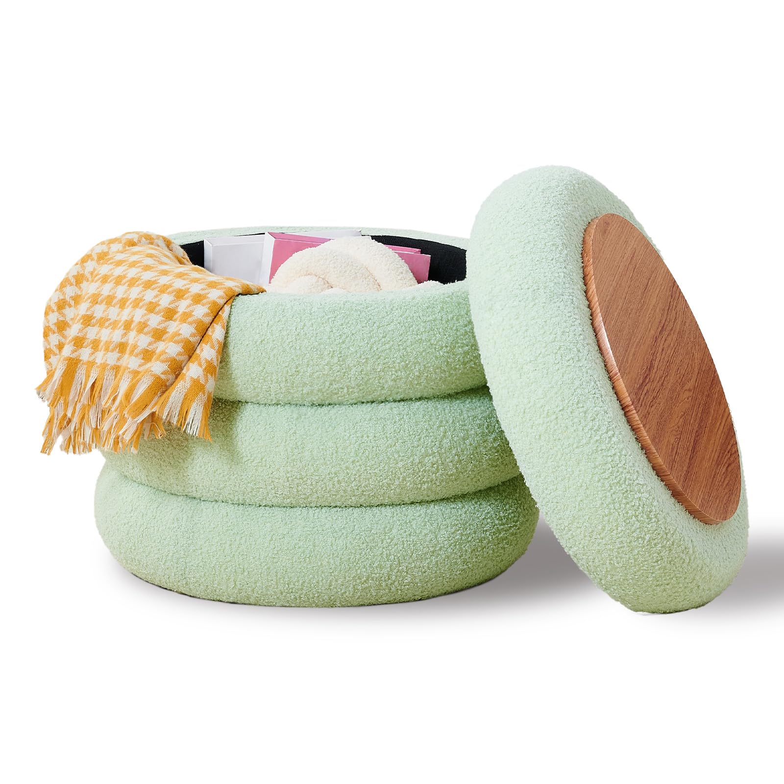 Round Storage Ottoman, Modern Sherpa Footstool with Flip-Top