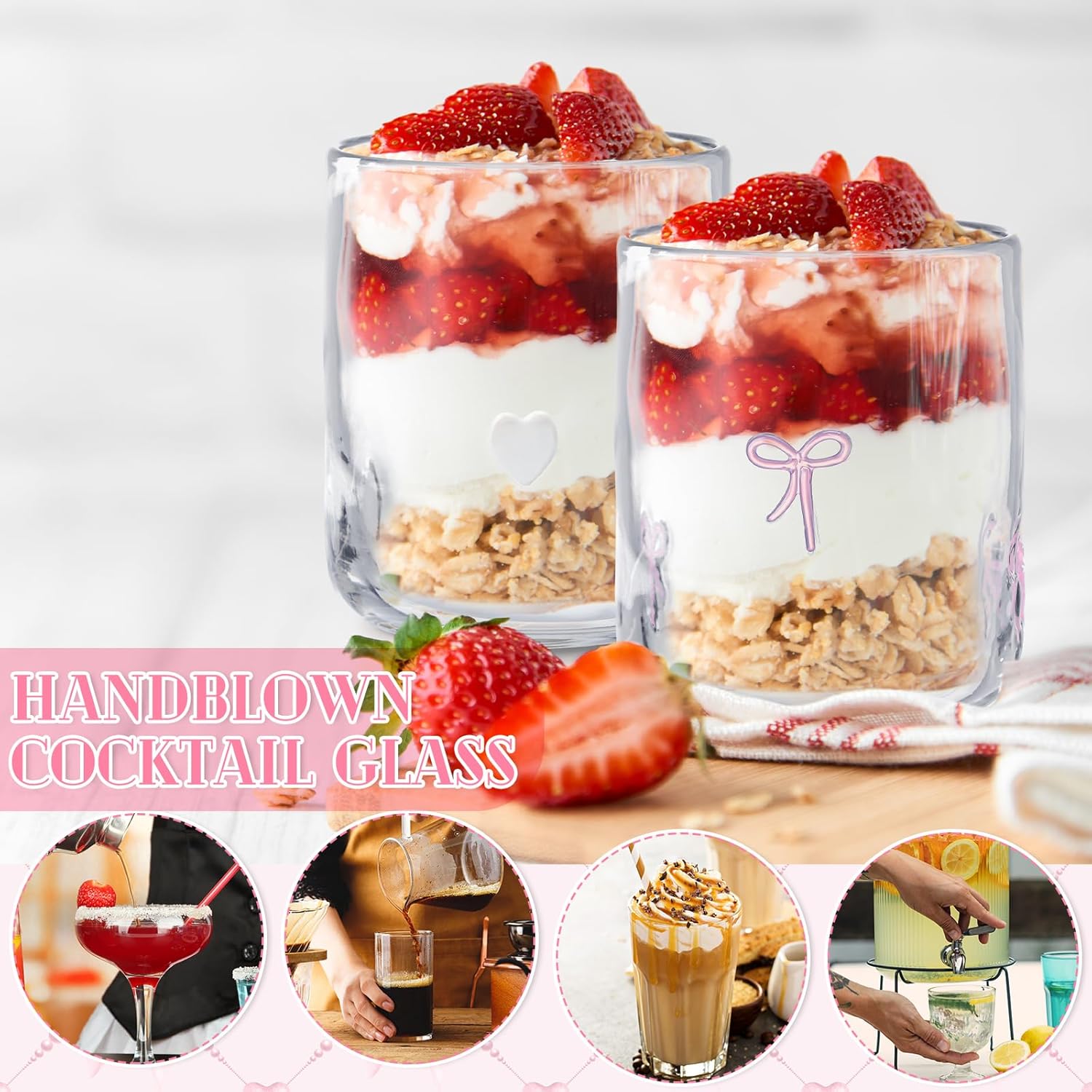 Set of 2 Coquette Pink Bow Glass Cup Heart Juice Glass 14oz Pink Bow Heart