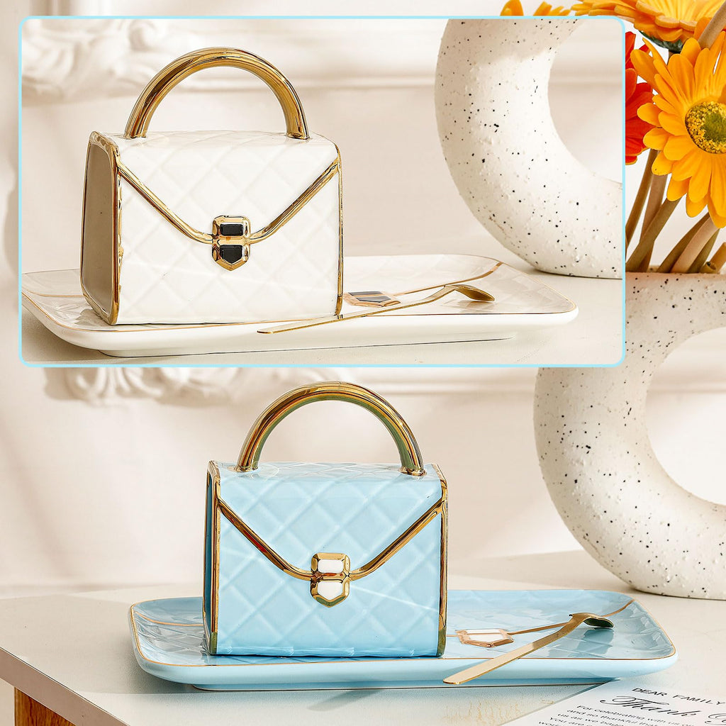 Set Coffee Mug Elegant Handbag Shaped Cup Modern Ceramic Purse Mug with Spoon and Saucer, 10oz Cute Creative Tea Cup