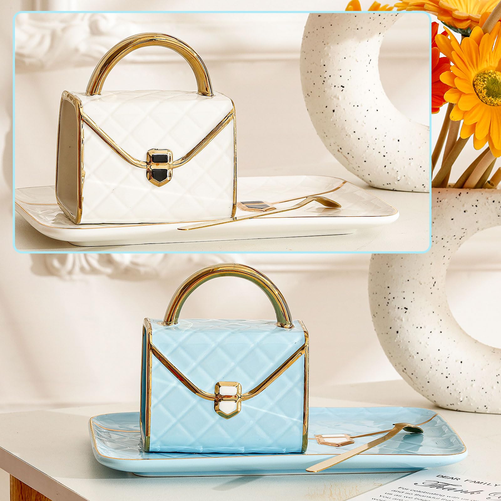 Set Coffee Mug Elegant Handbag Shaped Cup Modern Ceramic Purse Mug with Spoon and Saucer, 10oz Cute Creative Tea Cup