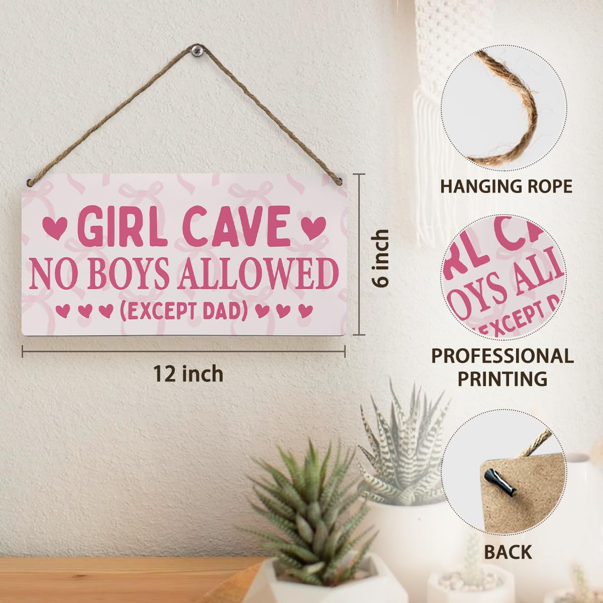 Pink Bow Coquette Girls Room Decor, Girl Cave Sign, Girls Only Pink Sign, No Boys Allowed Wooden Hanging Decor, 12x6