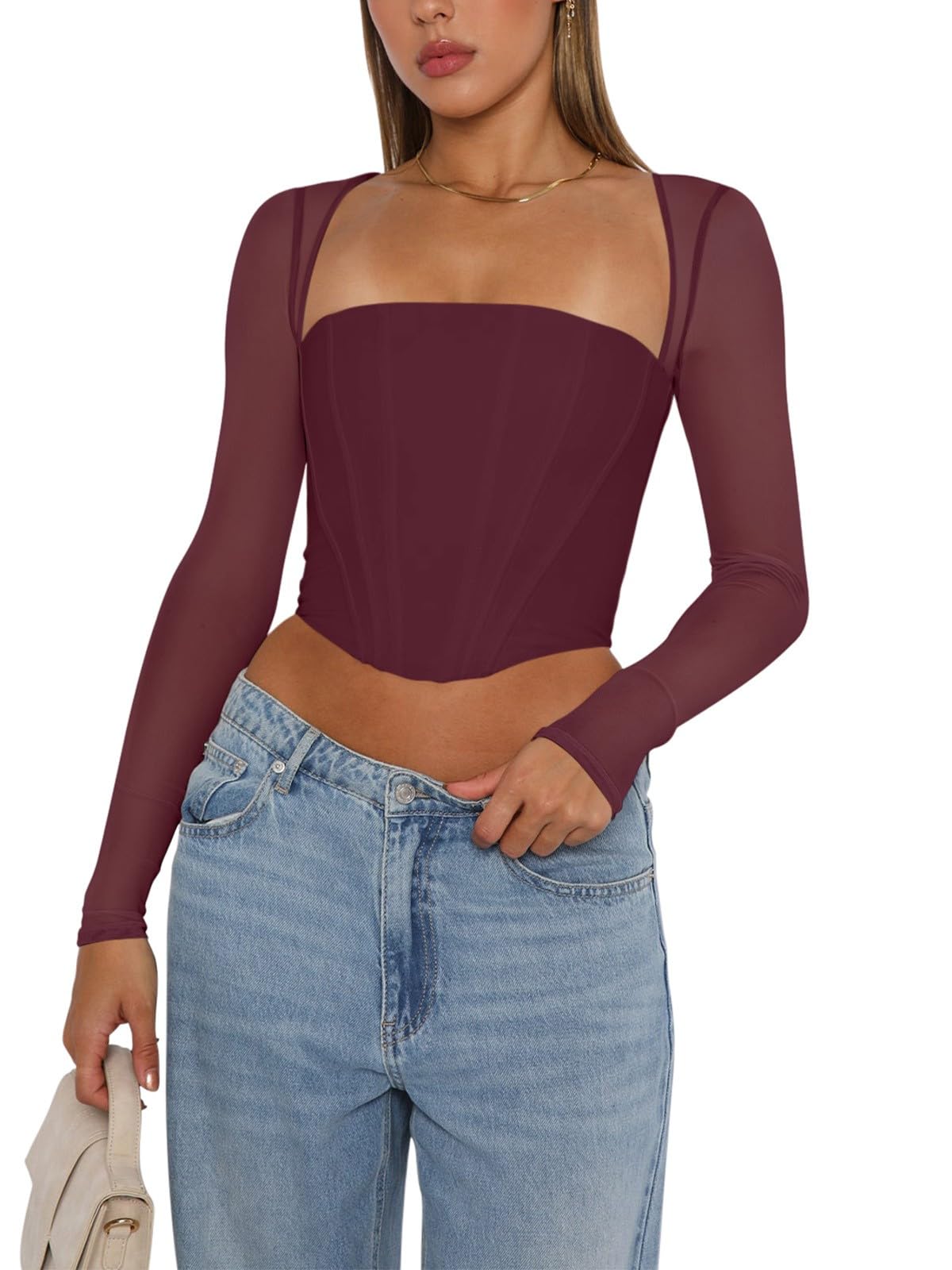 Women's Sexy Sheer Long-Sleeve Corset â€?Y2K Square Neck, Cropped Party Top