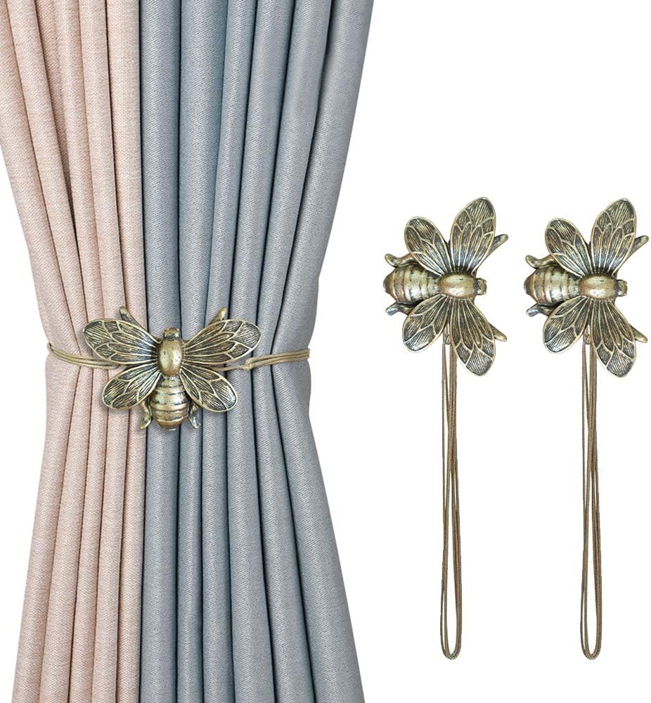 Set of 2 Resin Magnetic Curtain Tiebacks Golden Flying Bee Curtain Holders, Decorative Curtain Ties for Drapes
