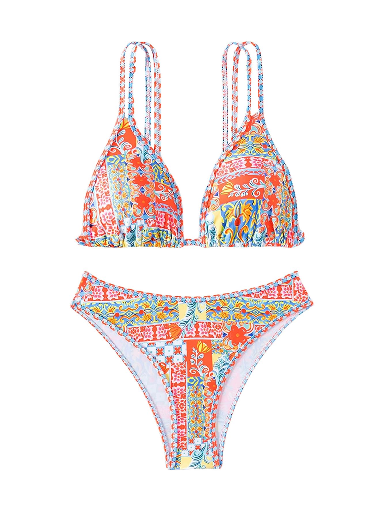 Women's Boho Floral Tie Side Triangle High Cut Bikini Set Bathing Suit Swimsuit