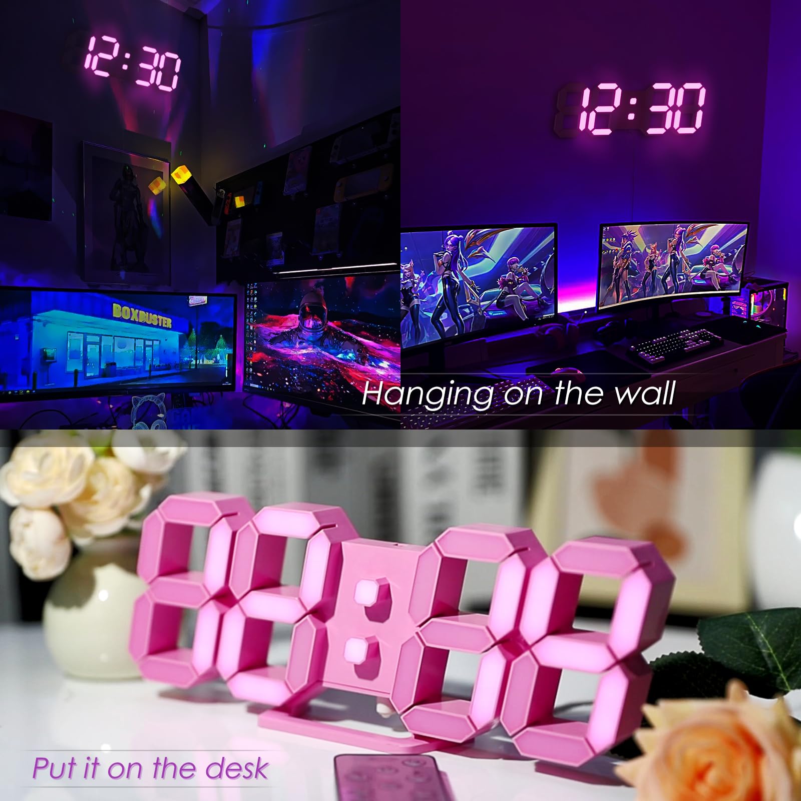 LED 3D Wall Clock 9.7" Clock with Remote/Dimming/12/24H/Temp/Alarm Clock/Date