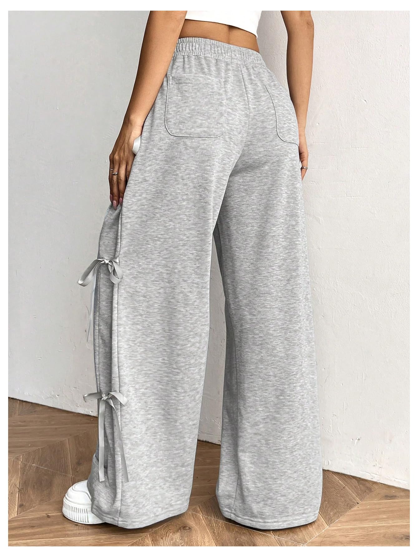 Women's Bow Wide Leg Sweatpants Elastic Waist Casual Baggy Pants with Pocket