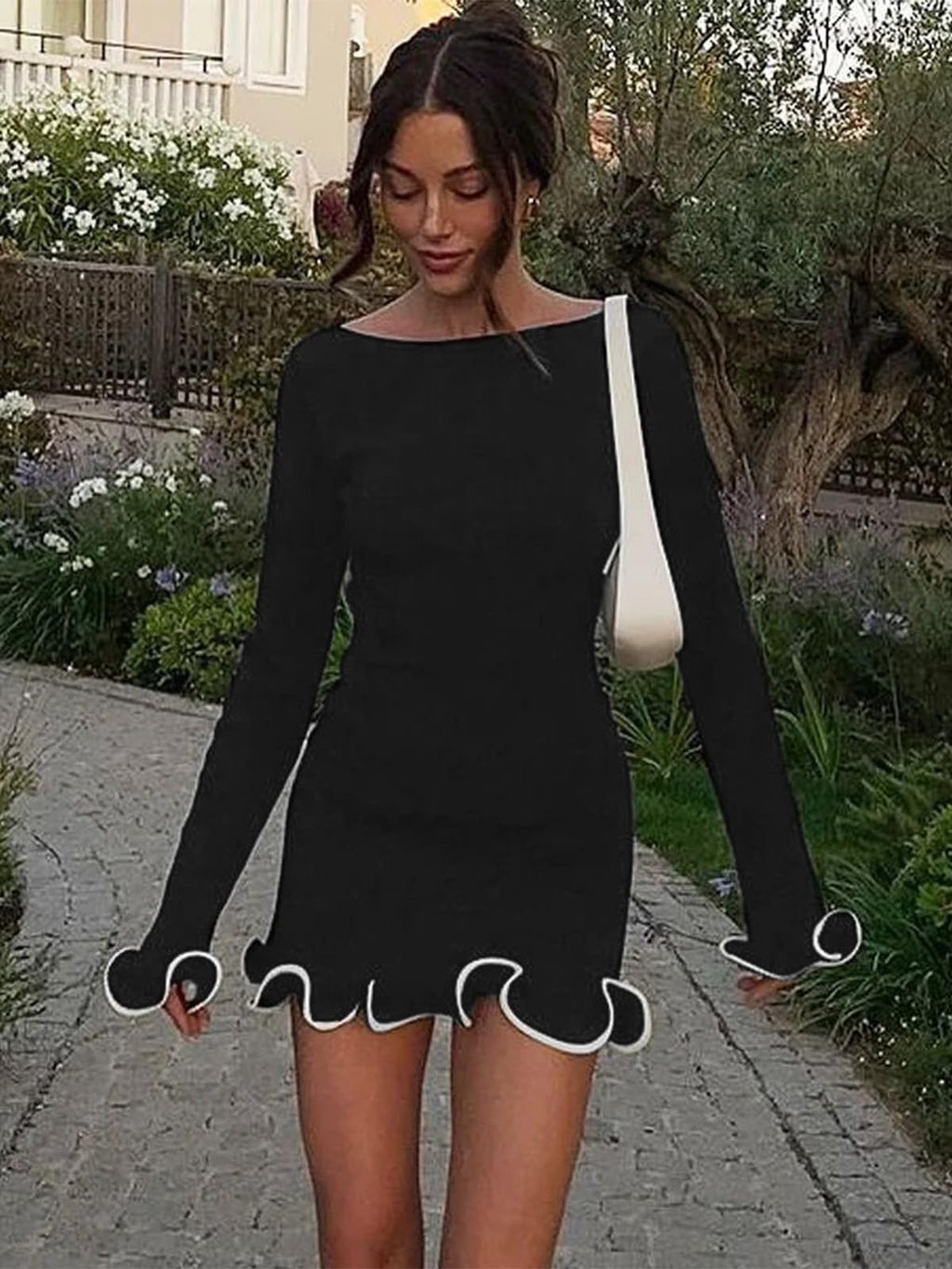 Womens Ruffle Long Sleeve Mini Bodycon Boat Neck Ribbed Knit Sweater Dress