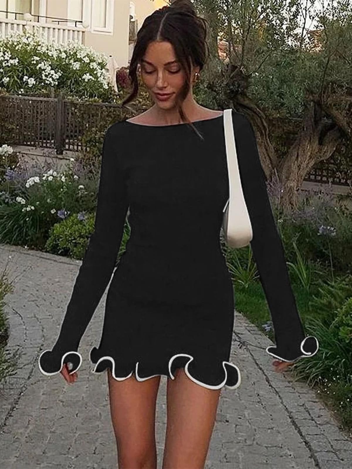 Womens Ruffle Long Sleeve Mini Bodycon Boat Neck Ribbed Knit Sweater Dress