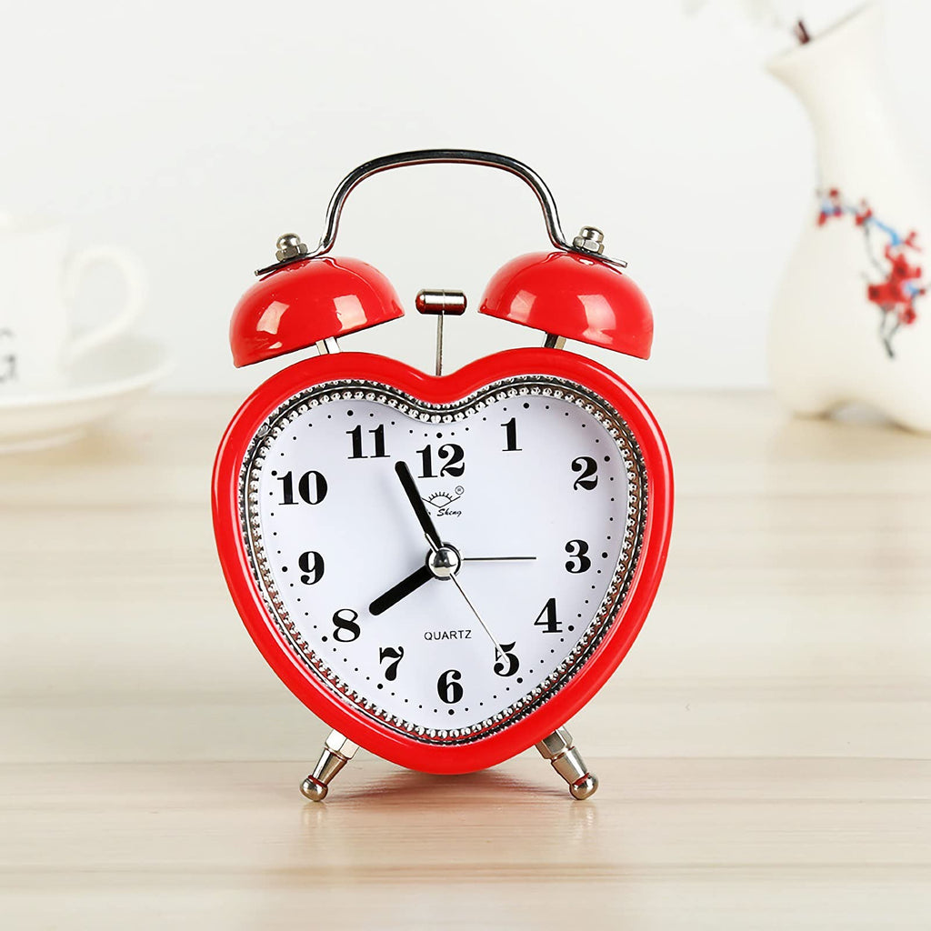 Cute Heart Shapes Twin Bell Loud Alarm Clock Silent Analog Quartz Nightlight Tableclock Battery Operated for Kids, Seniors, Heavy Sleepers, Decorations for Bedroom, Living Room 3 Inches