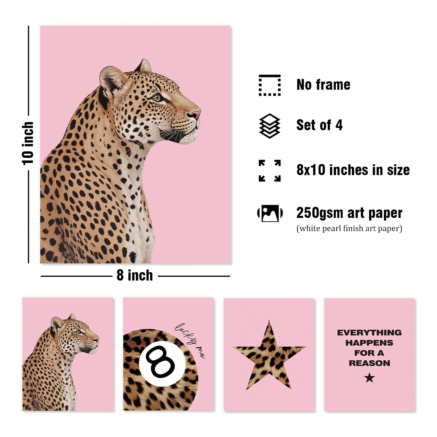 Trendy Leopard Wall Art Prints Set of 4 Funky Lucky 8 Ball Posters Prints Preppy Room Aesthetic Cheetah Wall Decor for Girls Room Dorm Apartment 8x10 Unframed