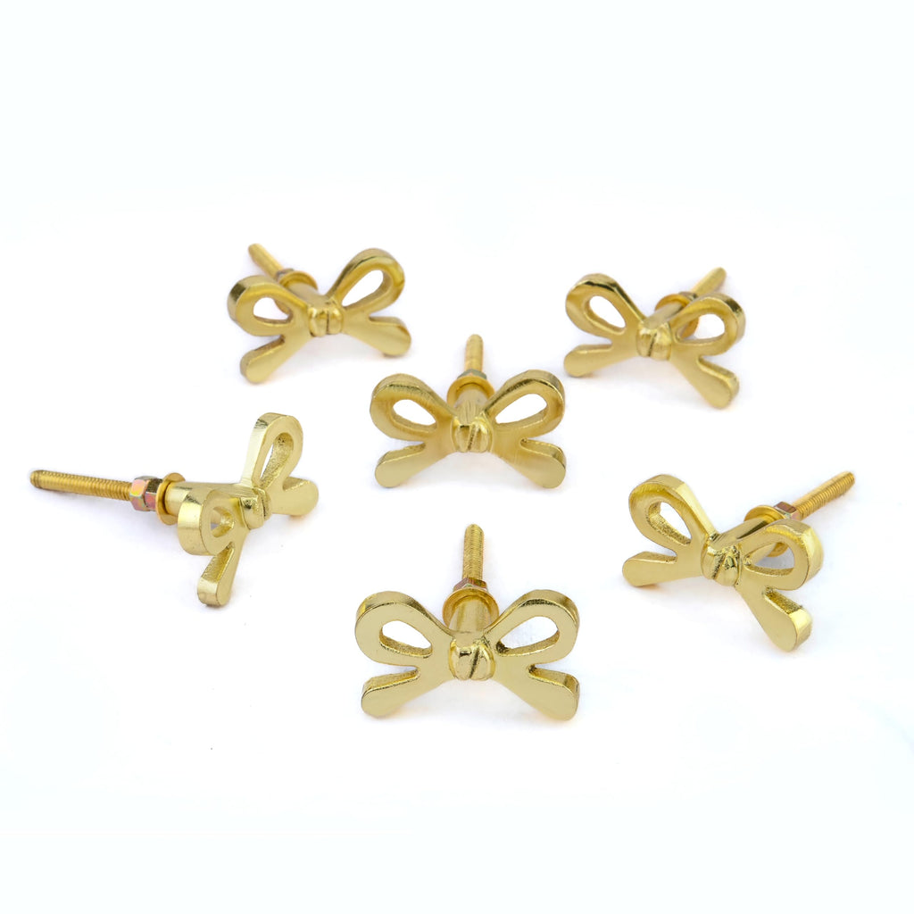 Set of 6 Metal Door Knobs - Decorative Door Knobs Bow Tie Handle with Screw | Cupboard Drawer Wardrobe Pulls (2.25" x 1.25" x 1.1") Gold