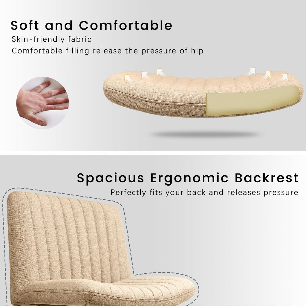 Criss Cross Chair, Armless Cross Legged Office Desk Chair No Wheels, Fabric Padded Modern Swivel Height Adjustable Mid Back Wide Seat