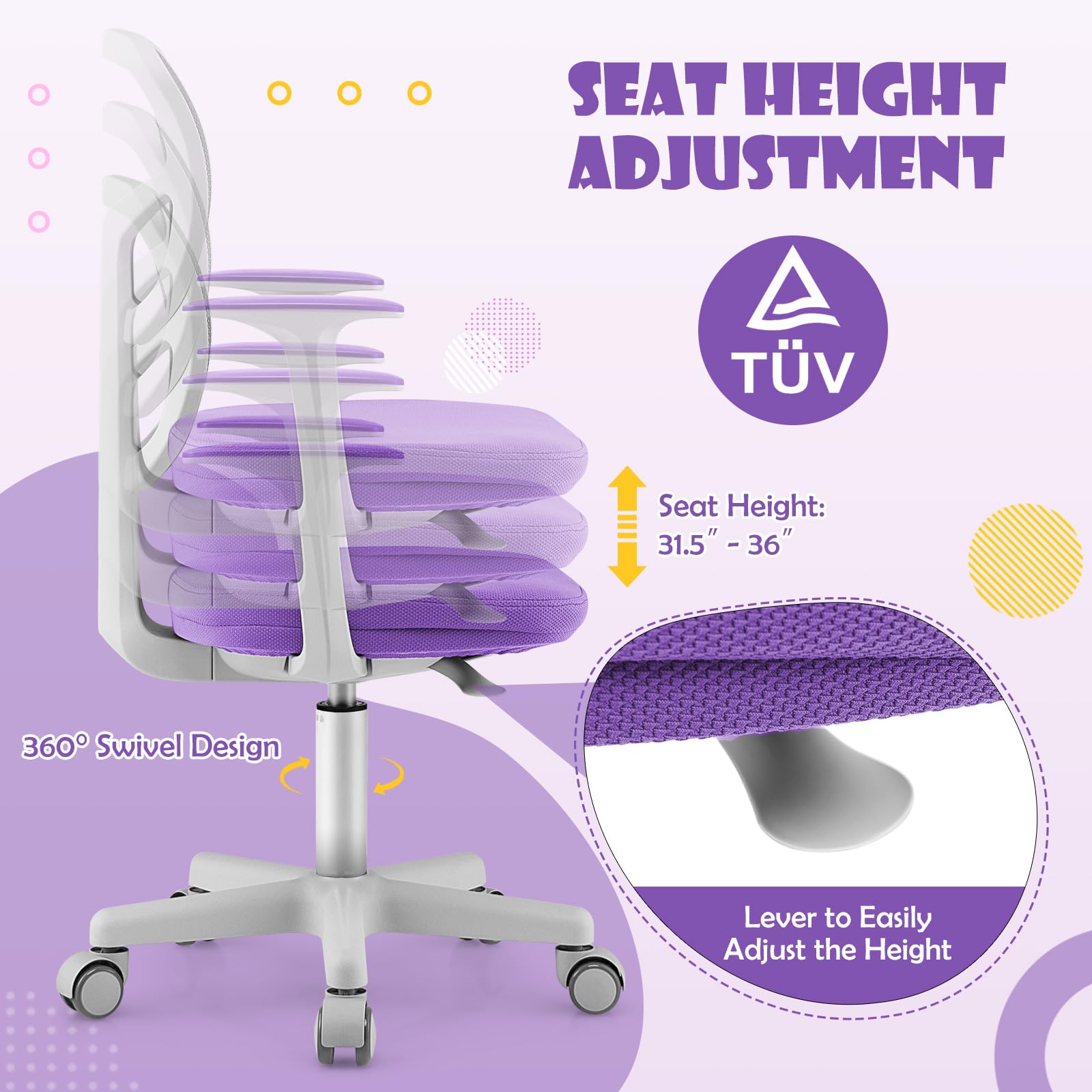 Swivel Adjustable Mesh Study Chair with Wheels & Arms, Ergonomic Computer Task Chair with Lumbar Support