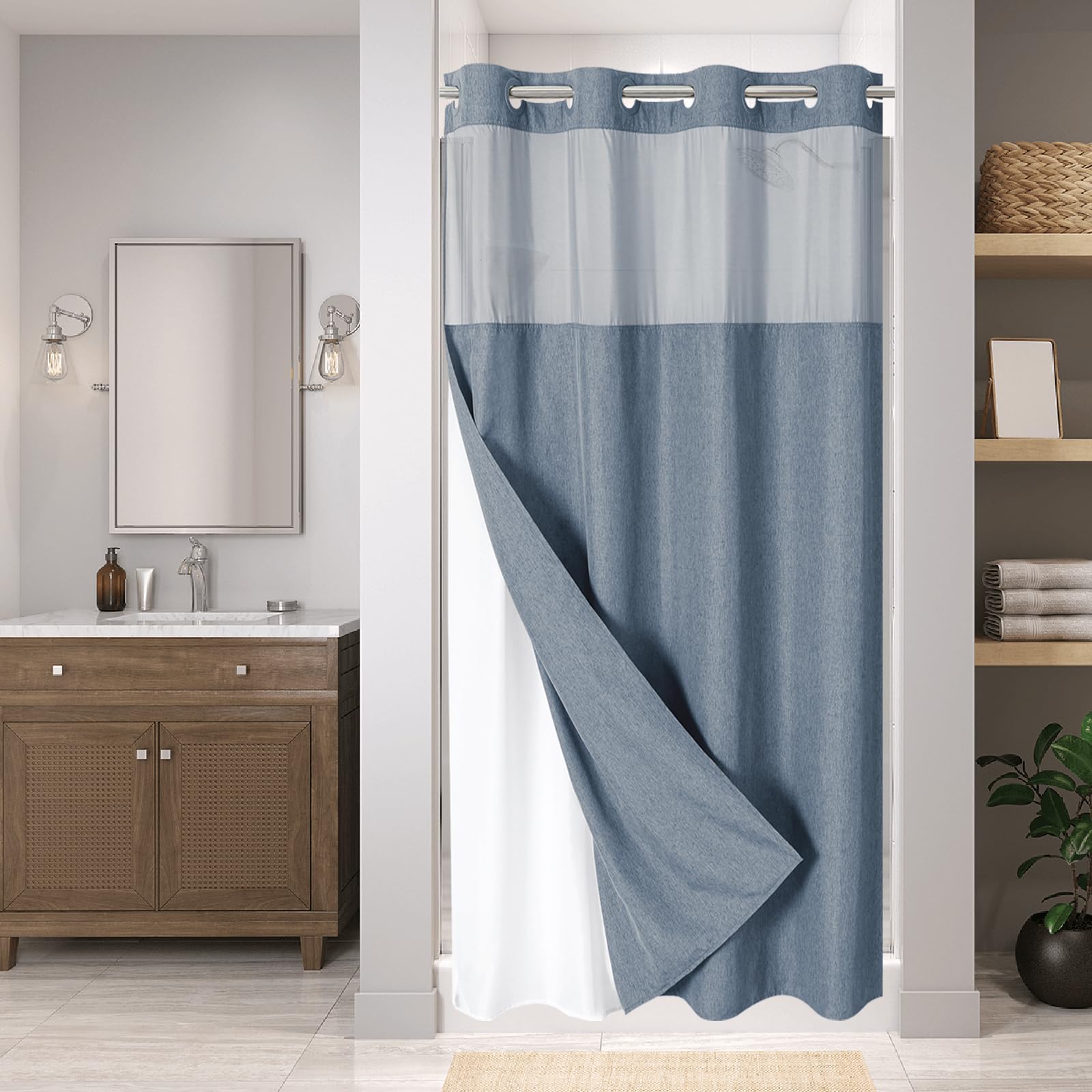 No Hooks Needed Linen Textured Shower Curtain with Snap-in Fabric Liner Set, Luxury Decor Shower Curtains for Bathroom with Mesh Top Window, Waterproof & Washable
