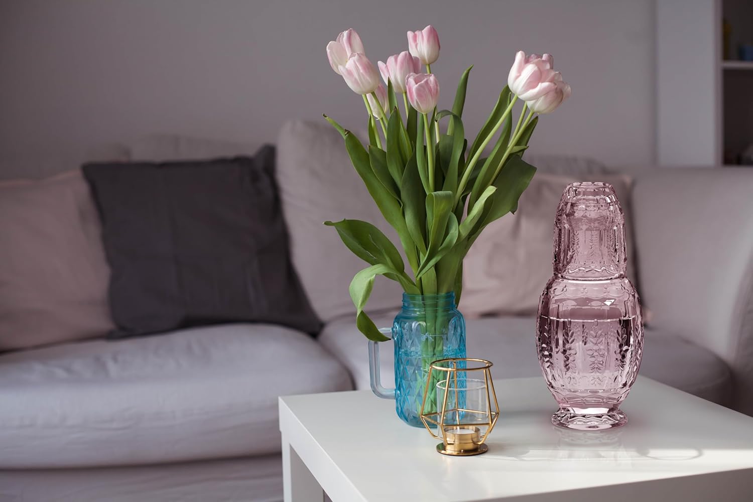 Pink/Purple Vintage Bedside Night Carafe Set with Glass Tumbler Perfect for Storing Liquid