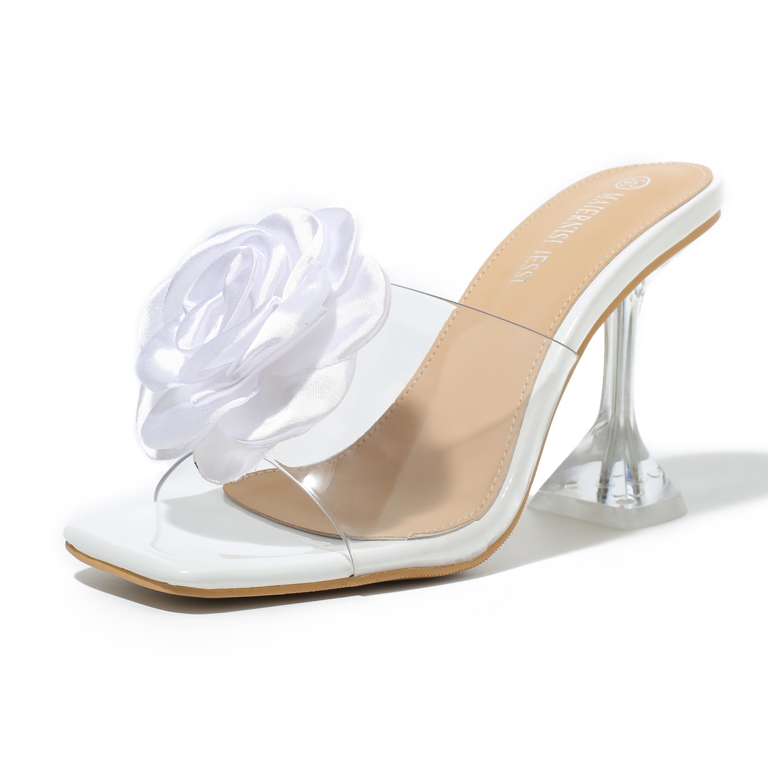 Women Flowers High Heels Mules Sandals Square Toe Slip On Sandals