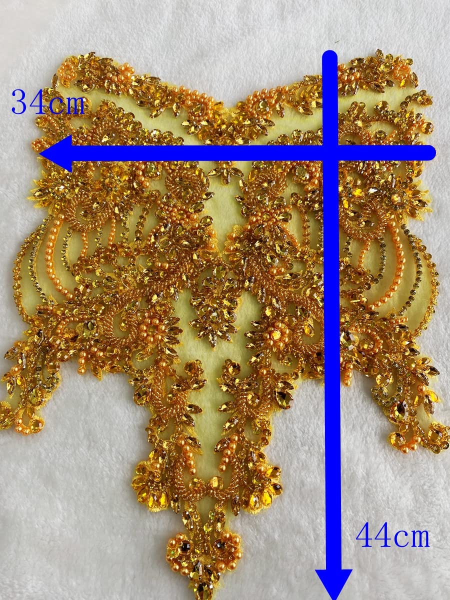 Handmade red/Blue/Gold/Green Rhinestones lace Bodice Applique Sewing Beads Crystal Trim Patches Accessory for Dress Clothes (Rose red)