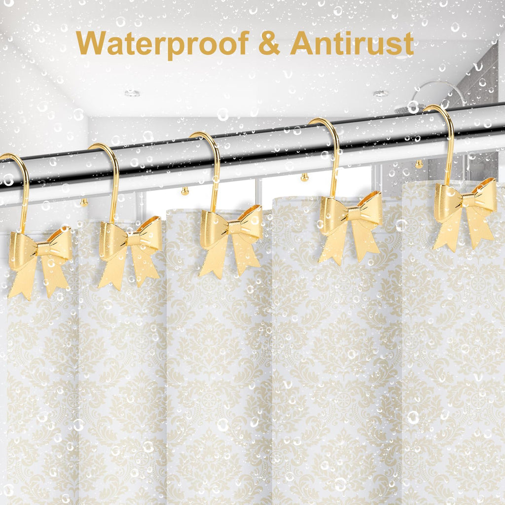 Metal Decorative Rings Bow Shower Curtain Hooks, Rustproof Bow Knot Design for Bathroom 12 Pack
