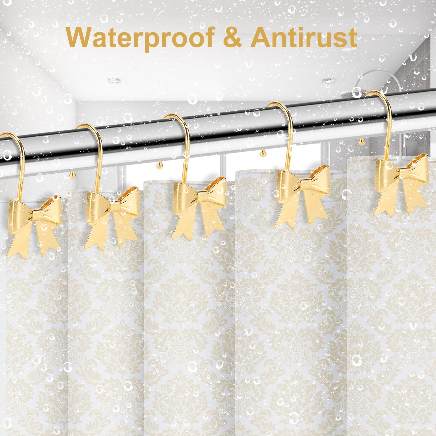 Metal Decorative Rings Bow Shower Curtain Hooks, Rustproof Bow Knot Design for Bathroom 12 Pack