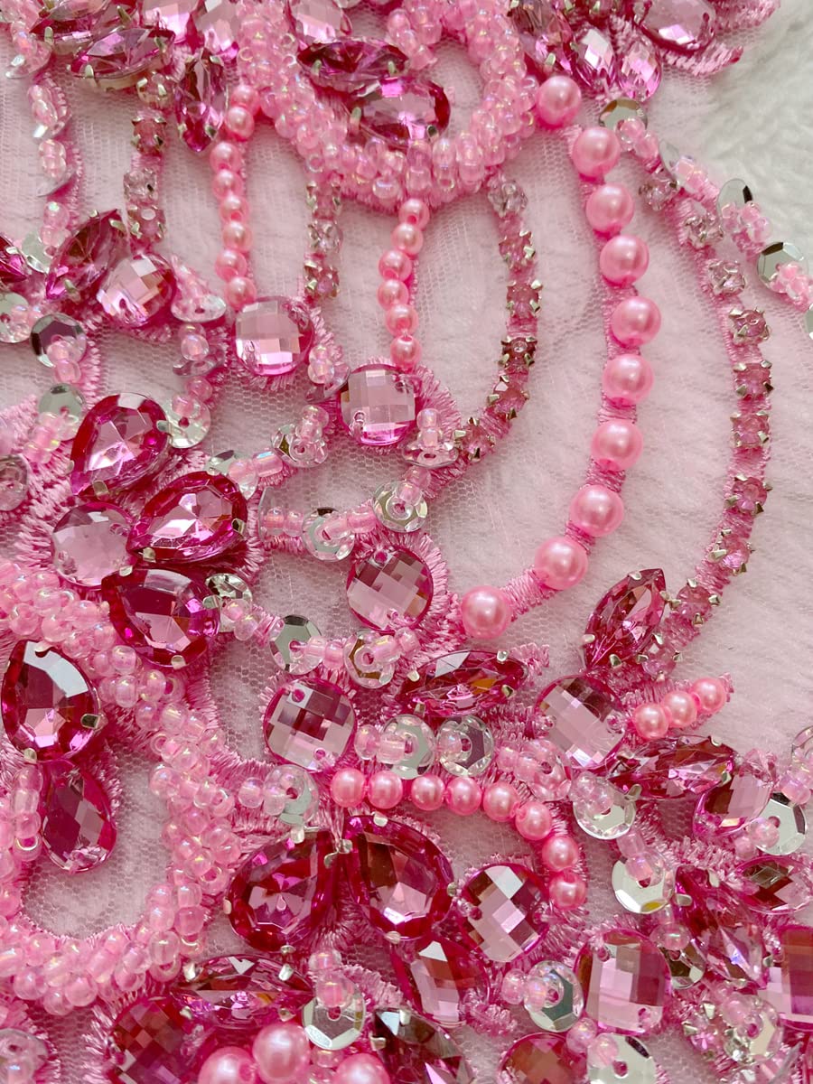 Handmade red/Blue/Gold/Green Rhinestones lace Bodice Applique Sewing Beads Crystal Trim Patches Accessory for Dress Clothes (Rose red)