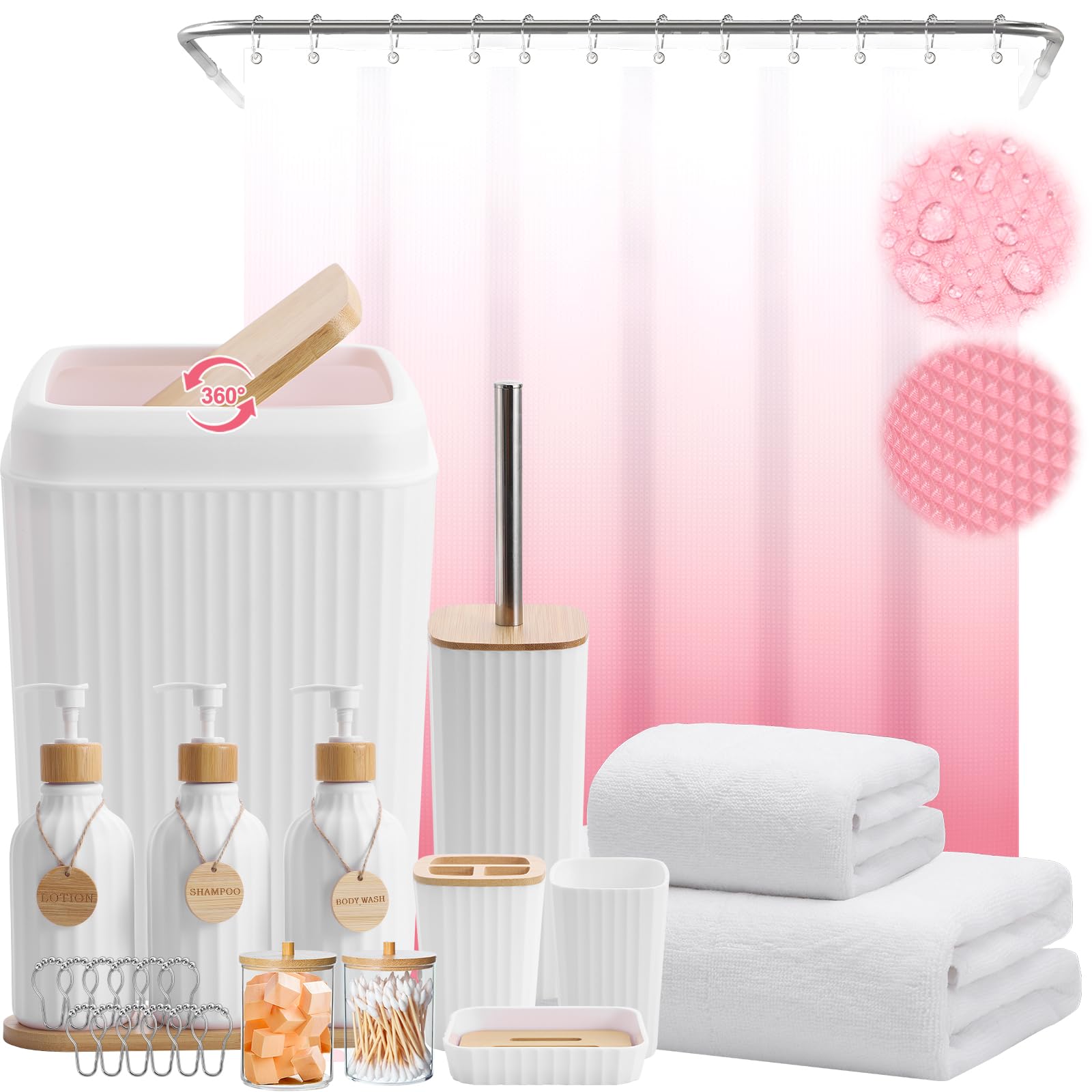 Simply Bathroom Accessories Set 17PCS Bathroom Set with Trash Can 3PCS Lotion Soap Dispenser, Toothbrush Holder, Soap Dish,Tumbler Cup, 6PCS Wood Tags Bath Accessories with Tray for Kitchen Bathroom