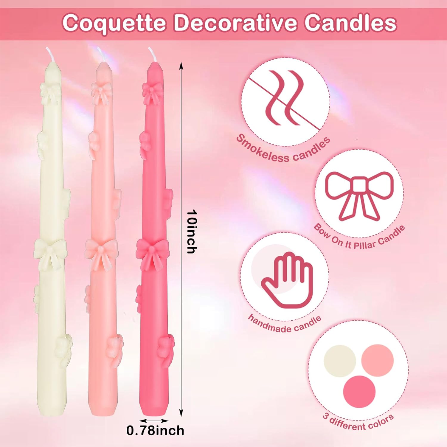 Coquette Bow Taper Candle Decor Pink White Aesthetic Wax Candle 6 Pack