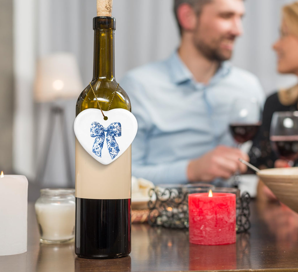 Coquette Trendy Pink Bow Ornament, Keepsake Sign for Decoration, Ceramic Heart