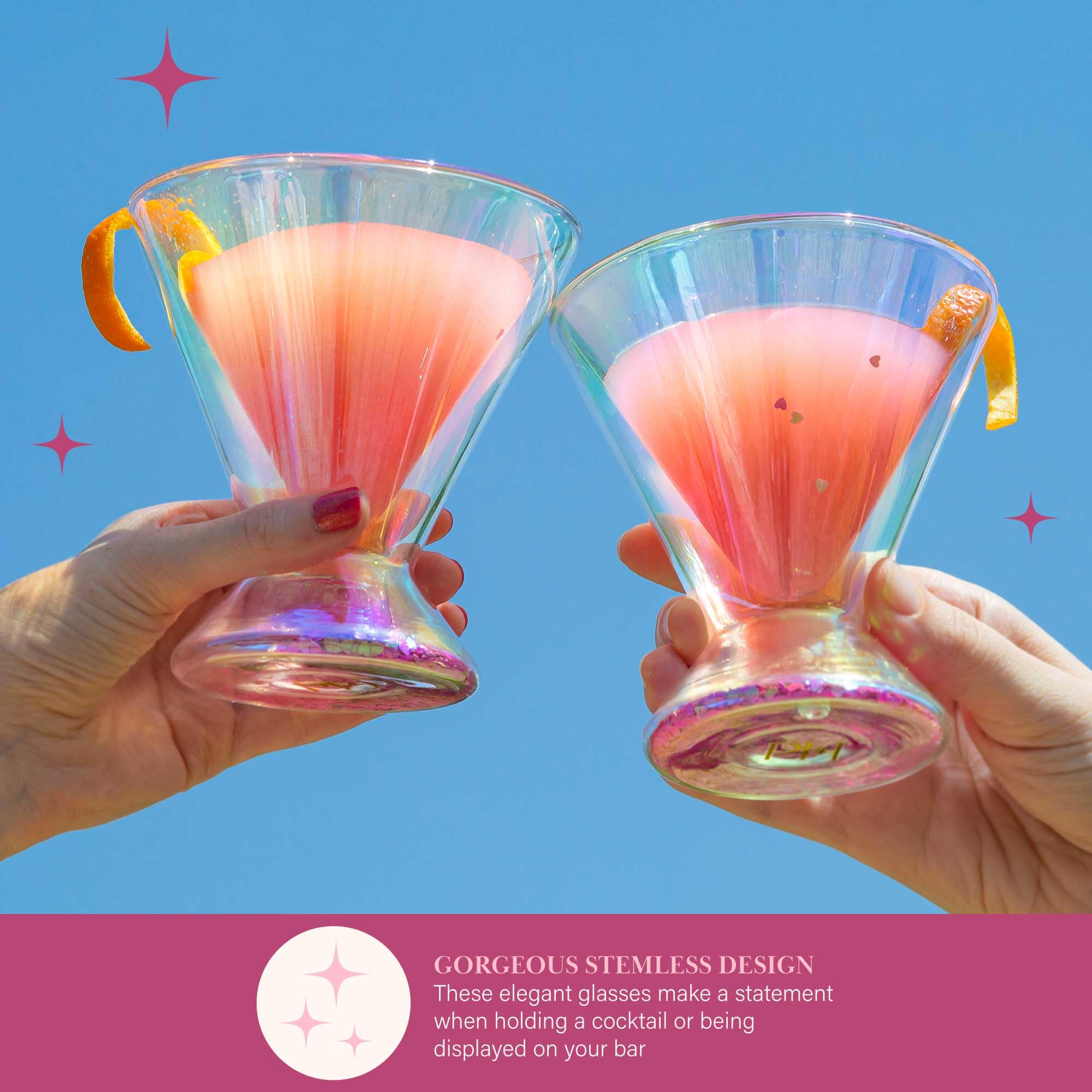 Paris Hilton 2-Piece Martini Glass Set, Double Wall Glass Design, Iridescent with Glitter Hearts - 207mL 7-Ounce