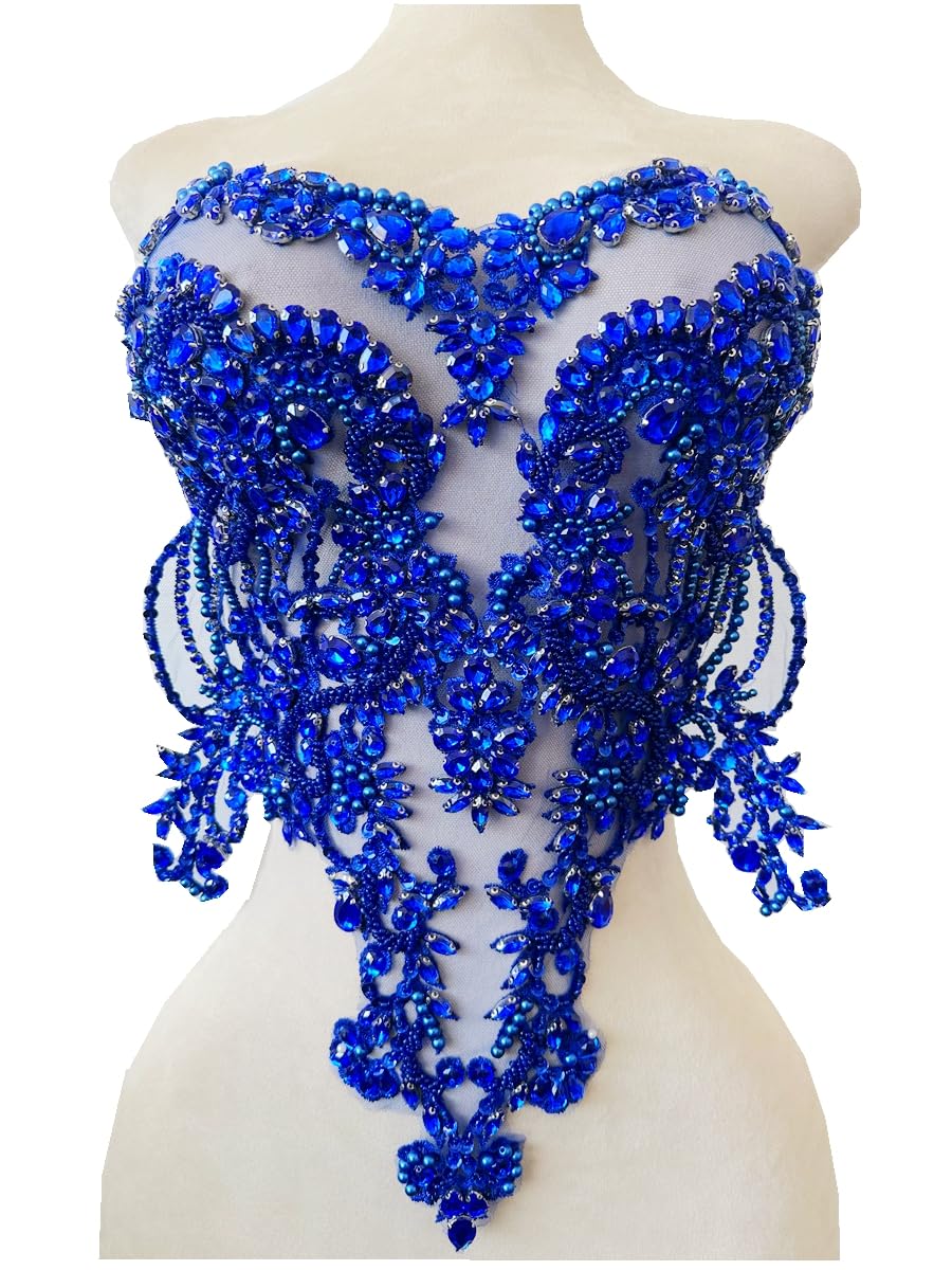 Handmade red/Blue/Gold/Green Rhinestones lace Bodice Applique Sewing Beads Crystal Trim Patches Accessory for Dress Clothes (Rose red)