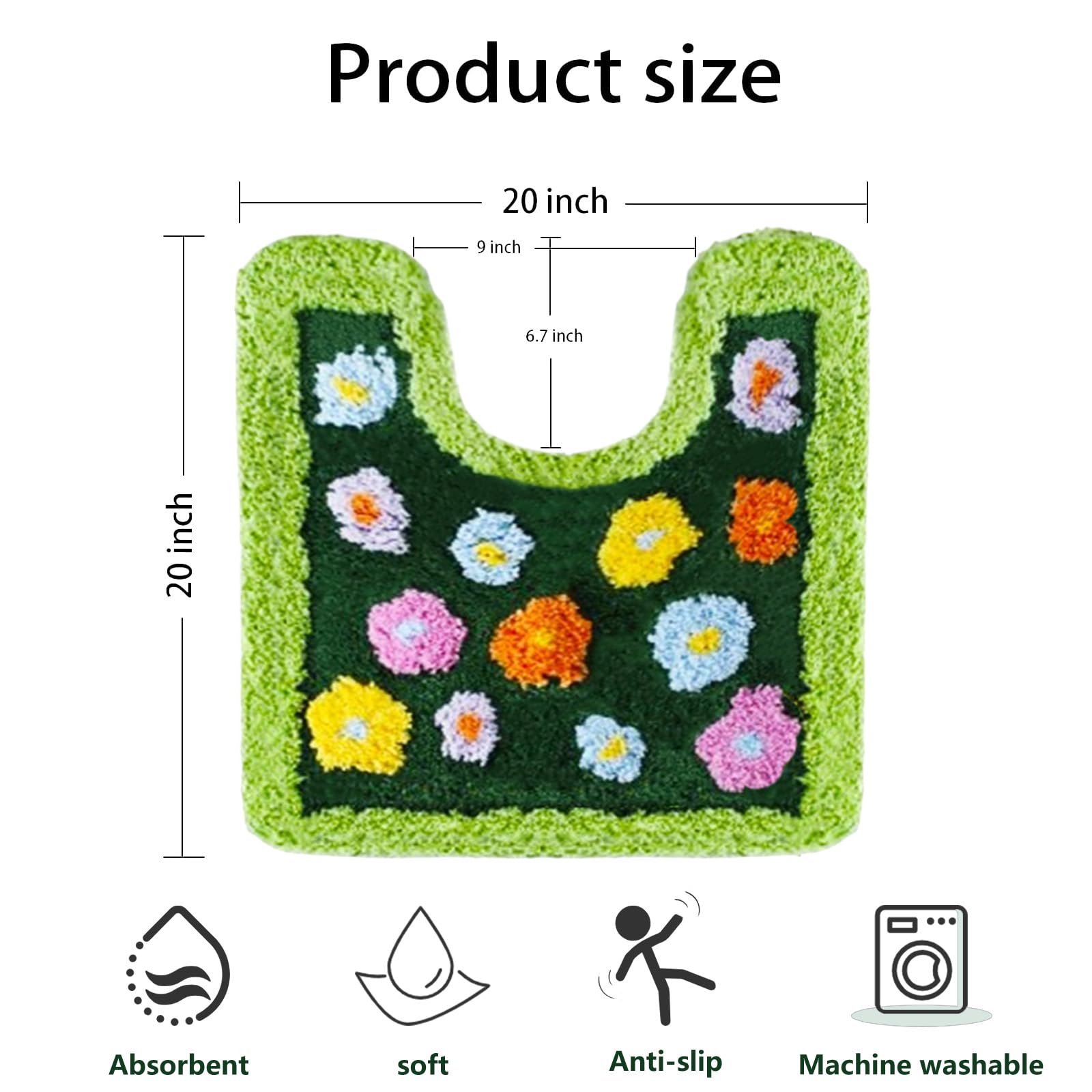 Moss Green Toilet Rugs, Luxury Tufted Extra Thick U-Shaped Toilet Rug,Cute Flower Green Moss Bath Mat Non Slip - Washable Water Absorbent Shag Bathroom Rugs for Bath