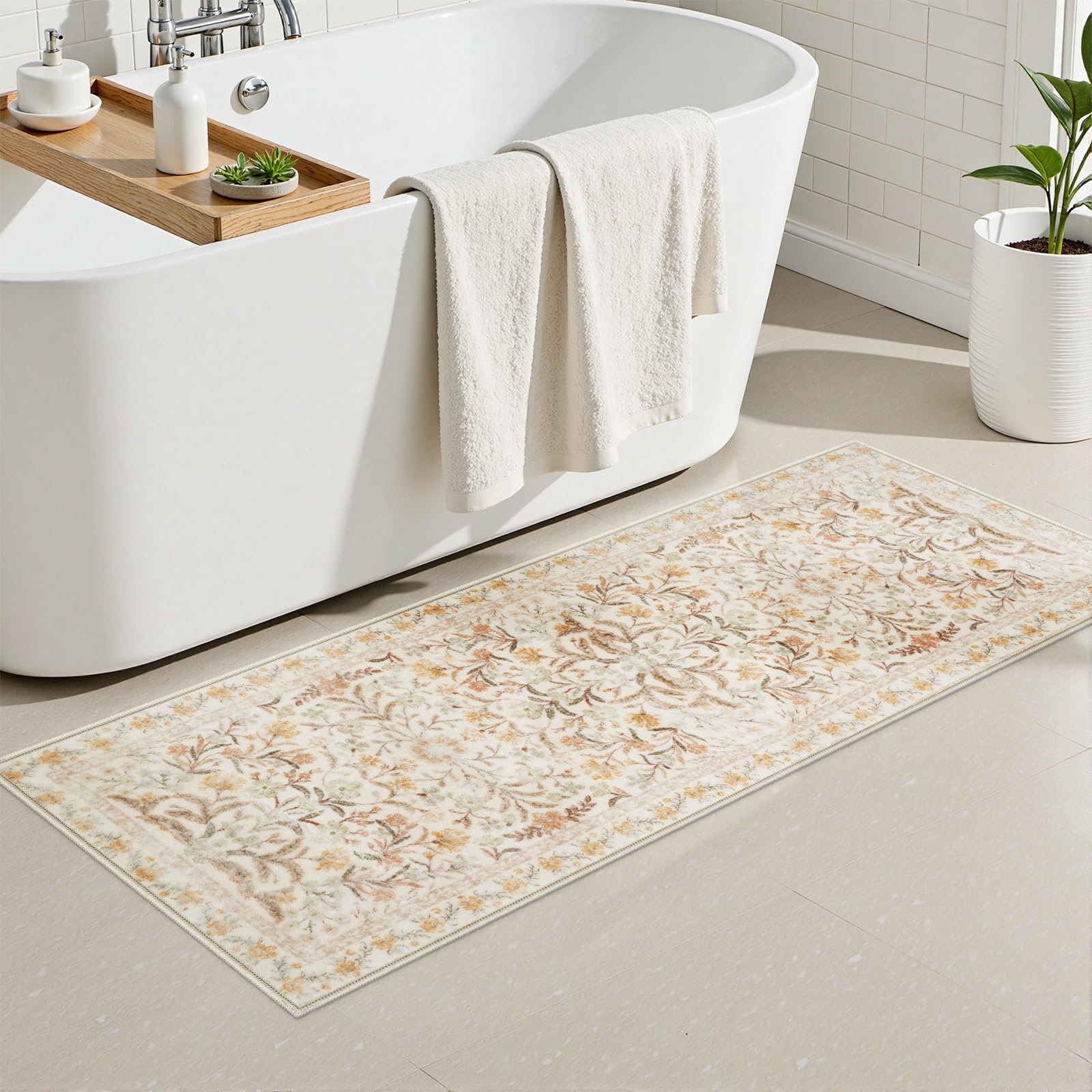 New Boho Floral Bath Rugs, Non Slip Washable Bathroom Rugs Fit Under Door, Ultra Soft and Absorbent Bath Mat