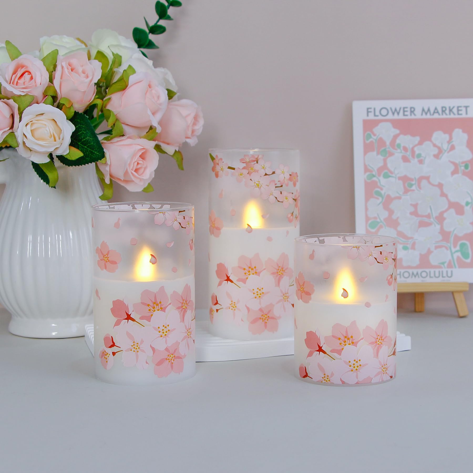 Cherry Blossoms LED Battery Operated Real Wax Set of 3 Realistic Wick Electric Pillar Candles,Warm Fire(3 x 4, 5, 6 Inches)