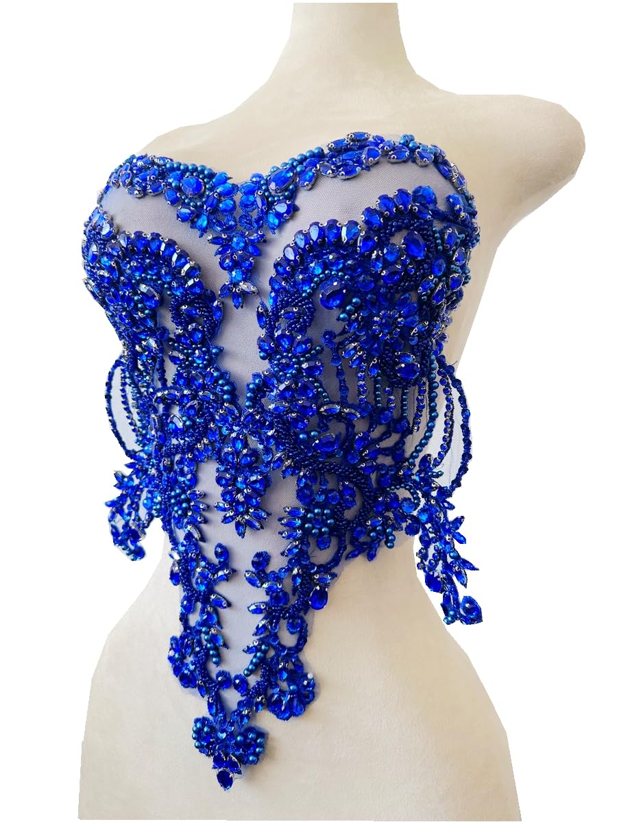 Handmade red/Blue/Gold/Green Rhinestones lace Bodice Applique Sewing Beads Crystal Trim Patches Accessory for Dress Clothes (Rose red)