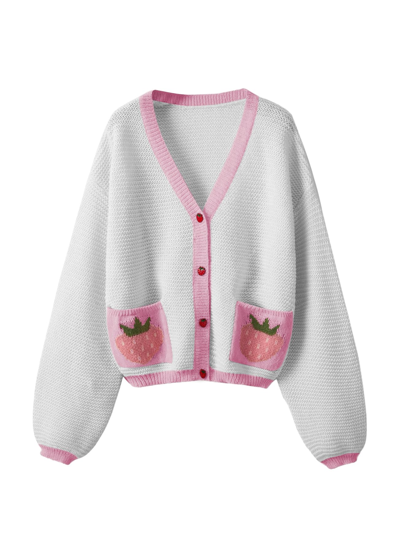 Women's Strawberry Pattern Open Front Bishop Sleeve Casual Cardigan