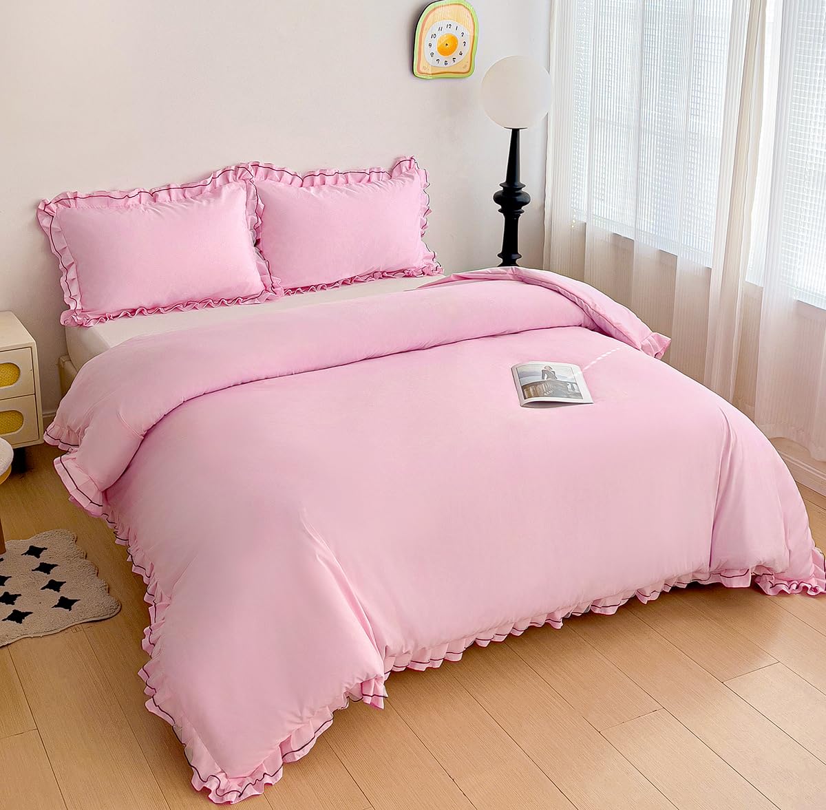 Chic Lace Bedding Set with Double Ruffle - 3 Pieces Luxury Princess Style Comforter Cover Soft Breathable