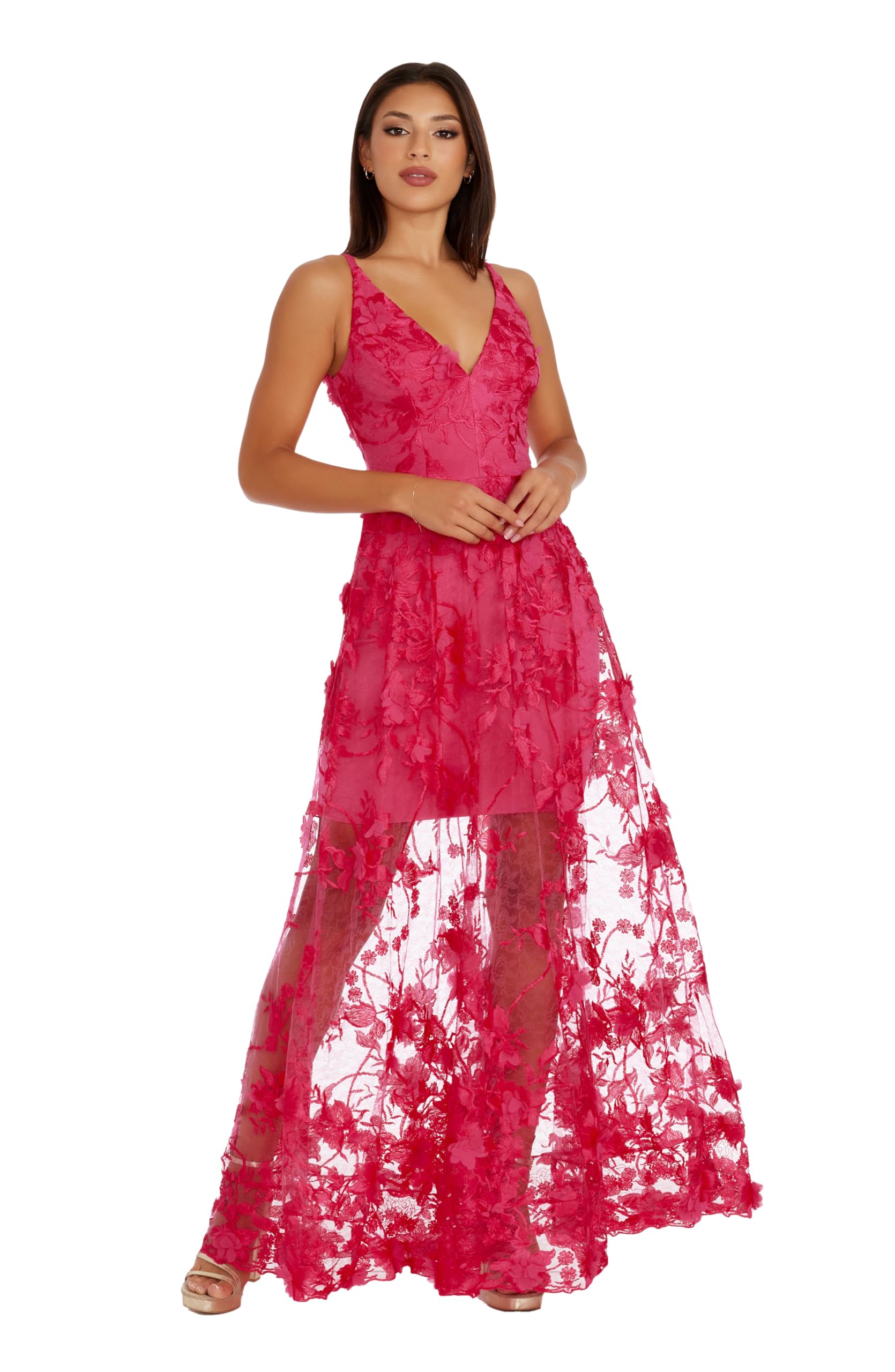 Women's Embellished Plunging Gown Sleeveless Floral Long Dress