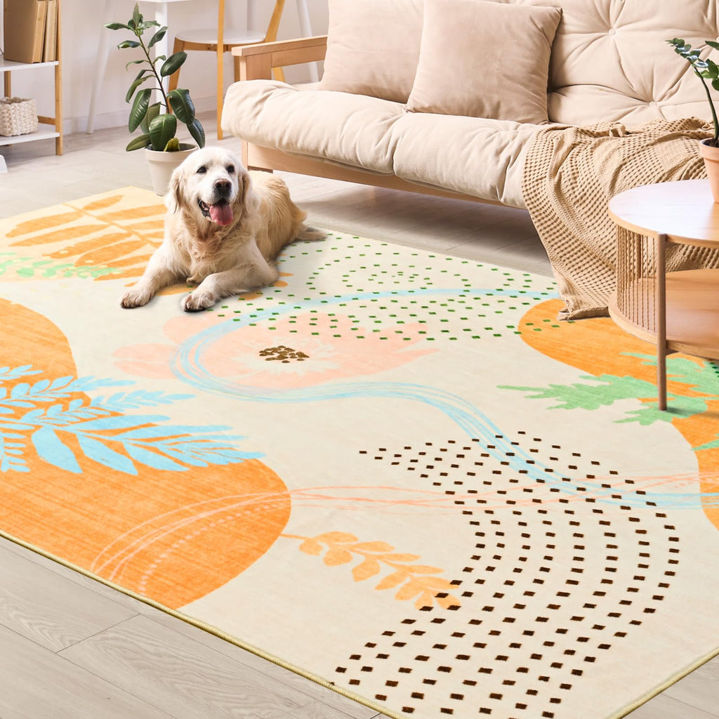 Faux Wool Boho Floral Area Rug Abstract Print Soft Carpet, TPR Non-Slip Backing, Machine Washable Low Pile Rug