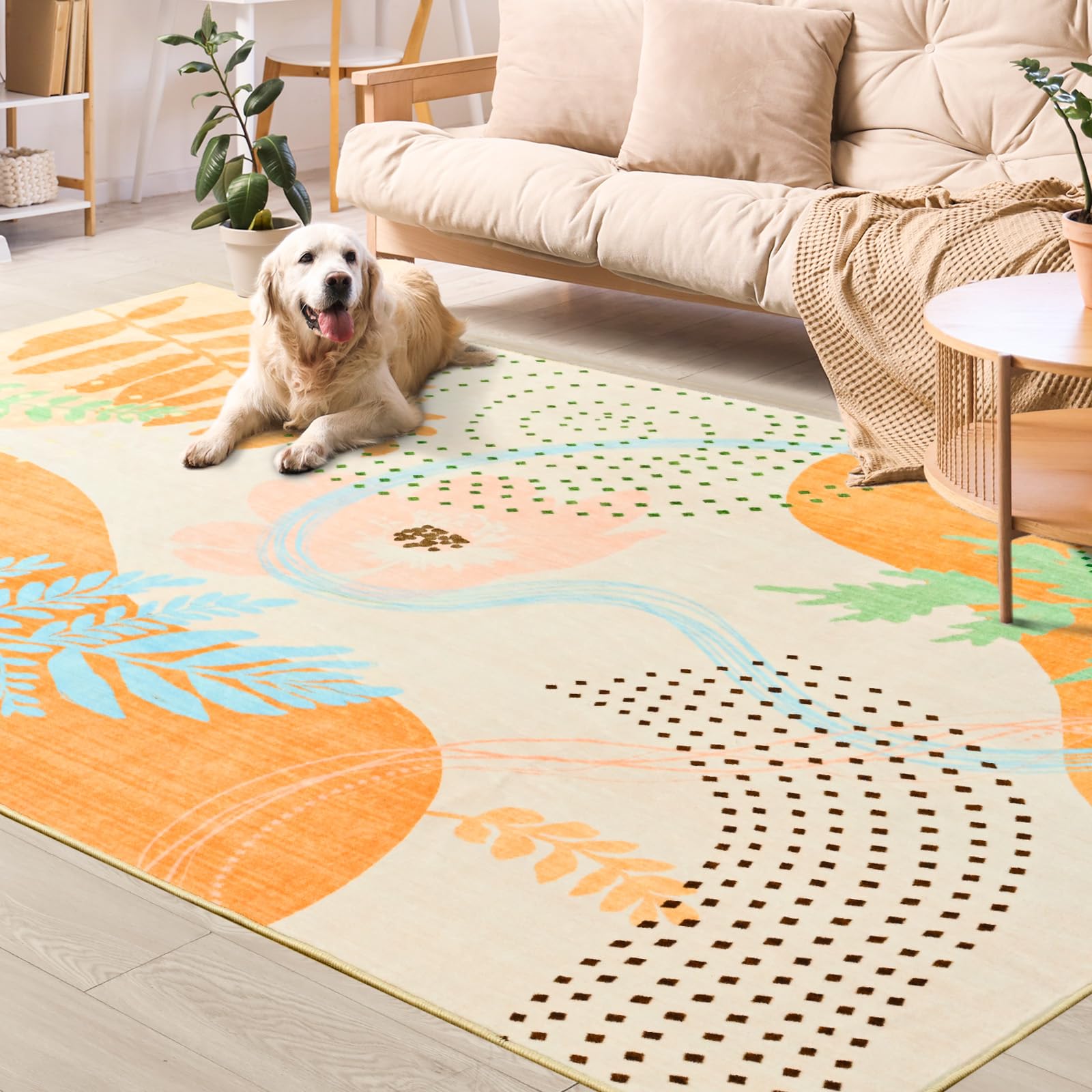 Faux Wool Boho Floral Area Rug Abstract Print Soft Carpet, TPR Non-Slip Backing, Machine Washable Low Pile Rug