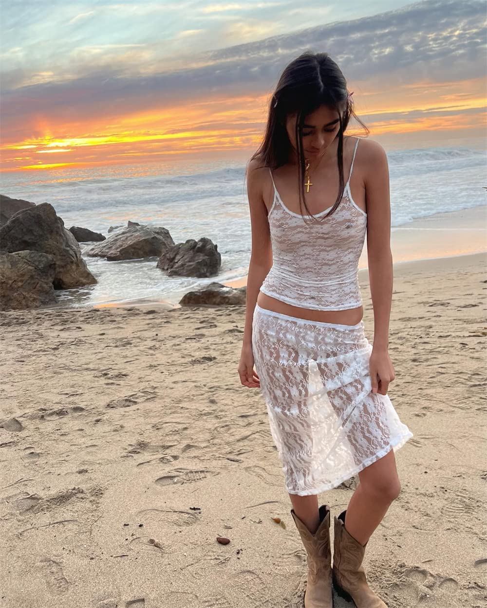 Women Sexy Y2K Maxi Skirt Set Strapless Bodycon Lace Tube Top See Through 2 Piece Outfits Summer Party Wear Dress