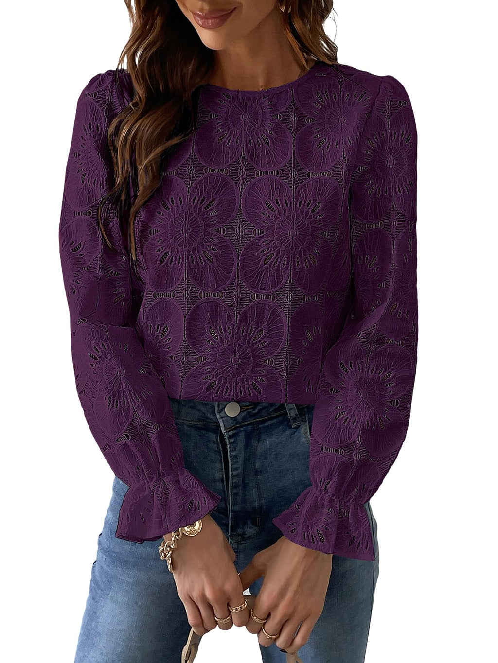 Women Eyelet Long Sleeve - Dressy Hollow Out Crochet Lace Embroidered Blouse