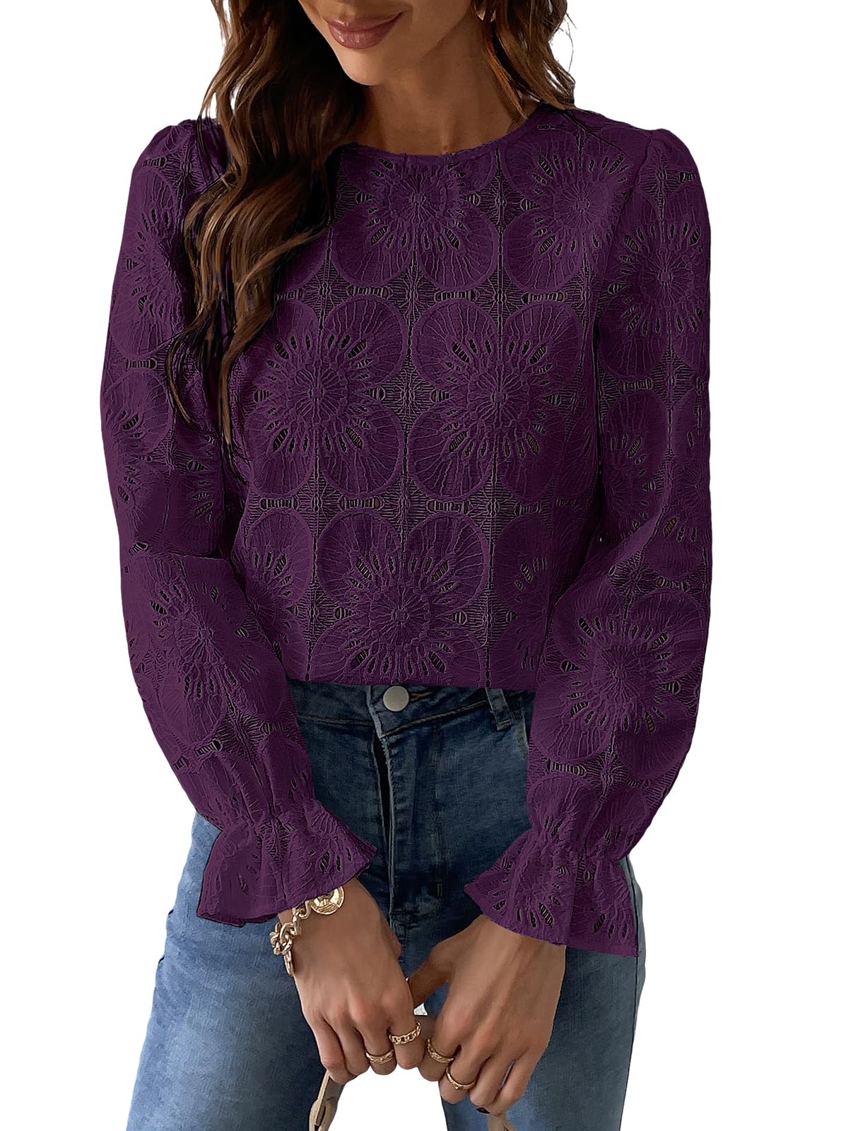 Women Eyelet Long Sleeve - Dressy Hollow Out Crochet Lace Embroidered Blouse