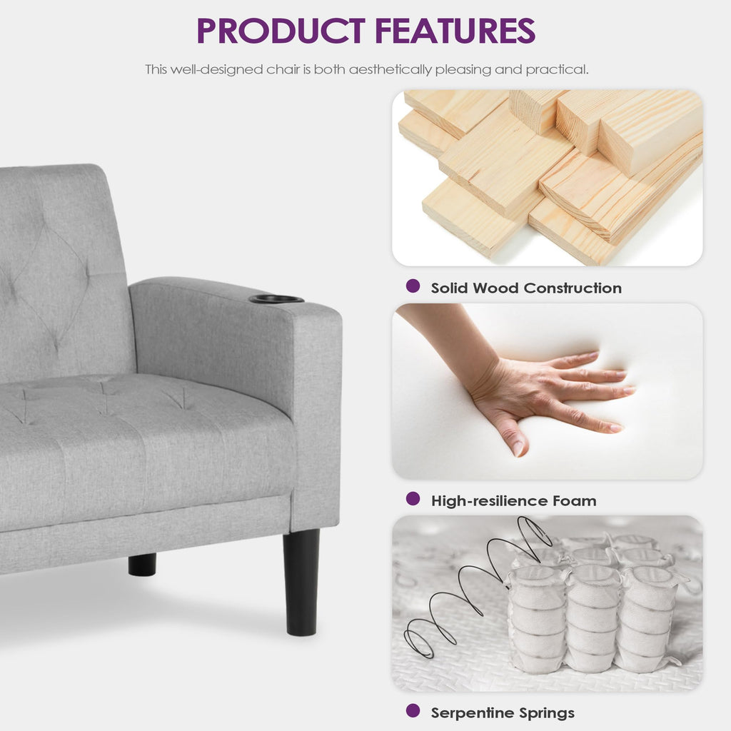 Velvet Loveseat Sofa w/ 2 USB Charger Ports and 2 Cupholders, Mid-Century Modern Tufted