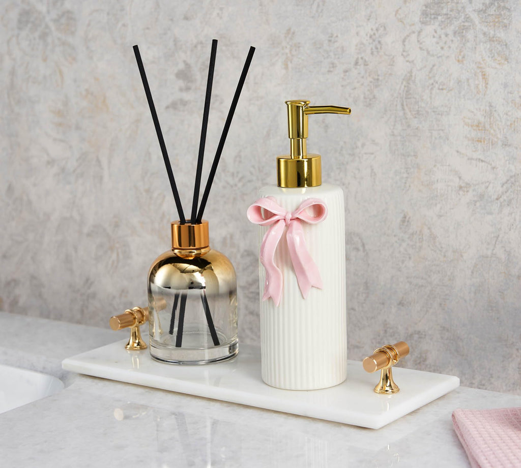 Handmade Ceramic Bow Soap Pump Dispenser Hand Lotion Liquid Dispenser Refillable for Kitchen and Bathroom Decorative